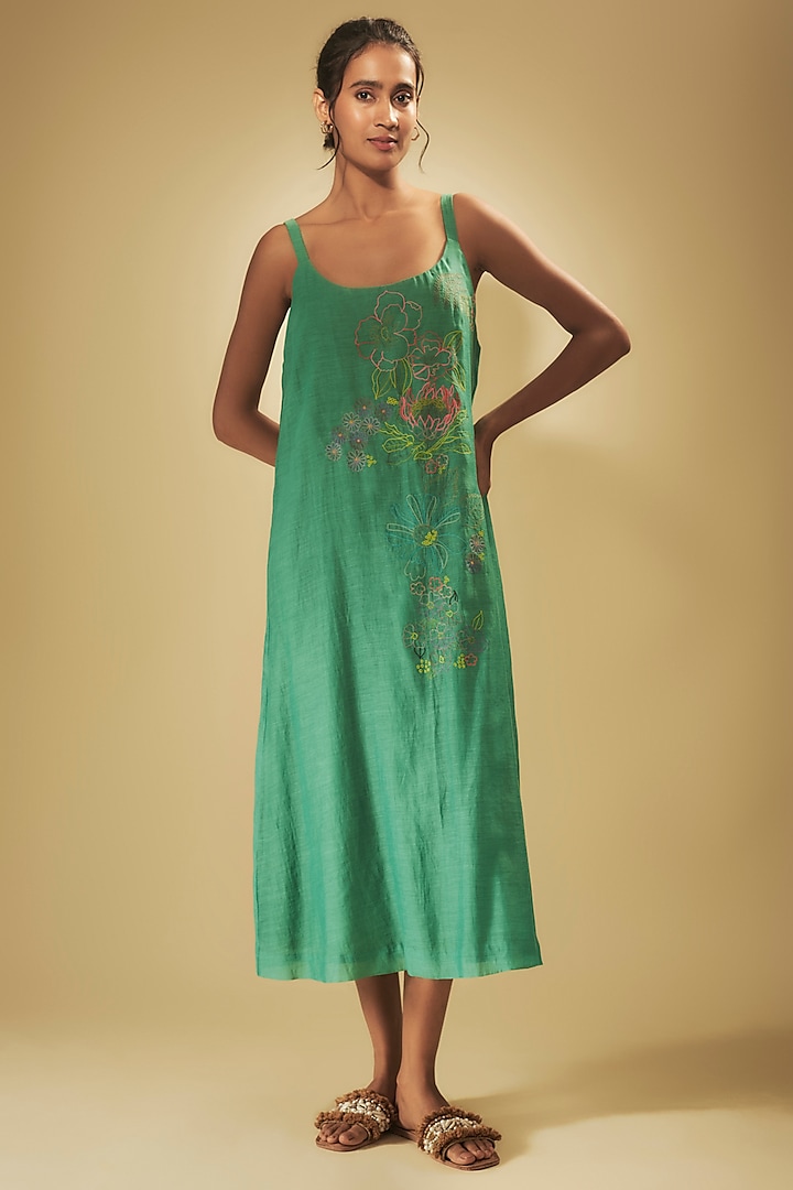 Blue Fine Chanderi Hand Embroidered Jacket Cocktail Dress by Half Full Curve at Pernia's Pop Up Shop