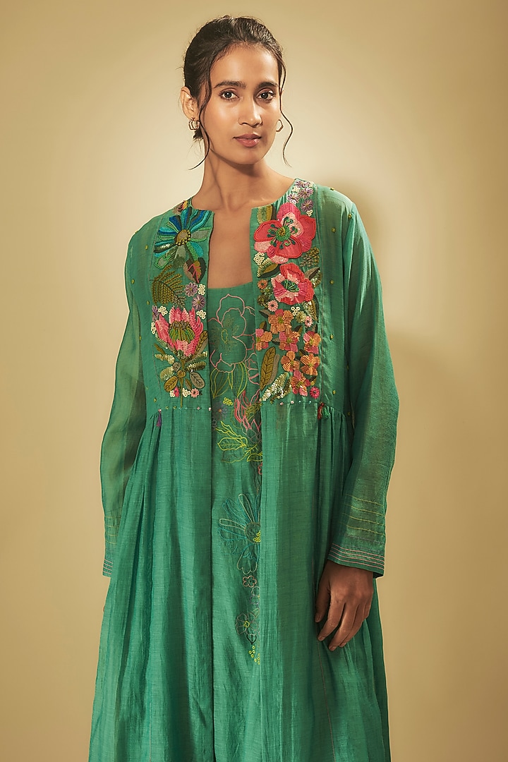 Blue Fine Chanderi Hand Embroidered Jacket Cocktail Dress by Half Full Curve at Pernia's Pop Up Shop