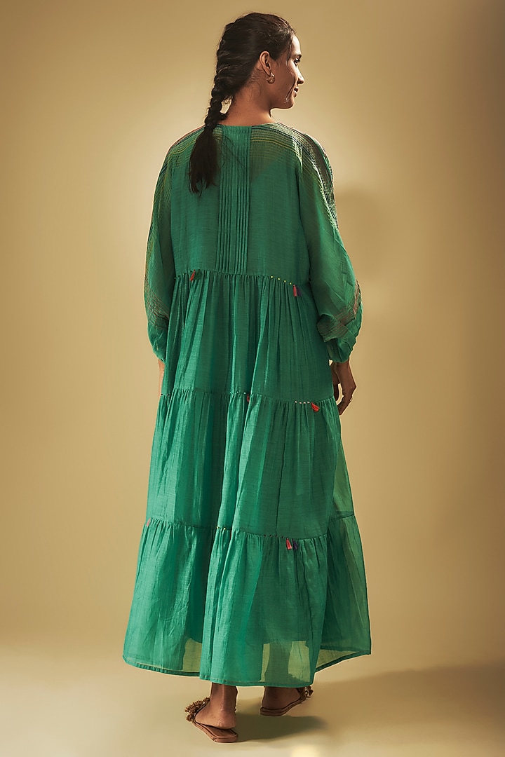 Blue Fine Chanderi Hand Embroidered Vacation Dress by Half Full Curve at Pernia's Pop Up Shop