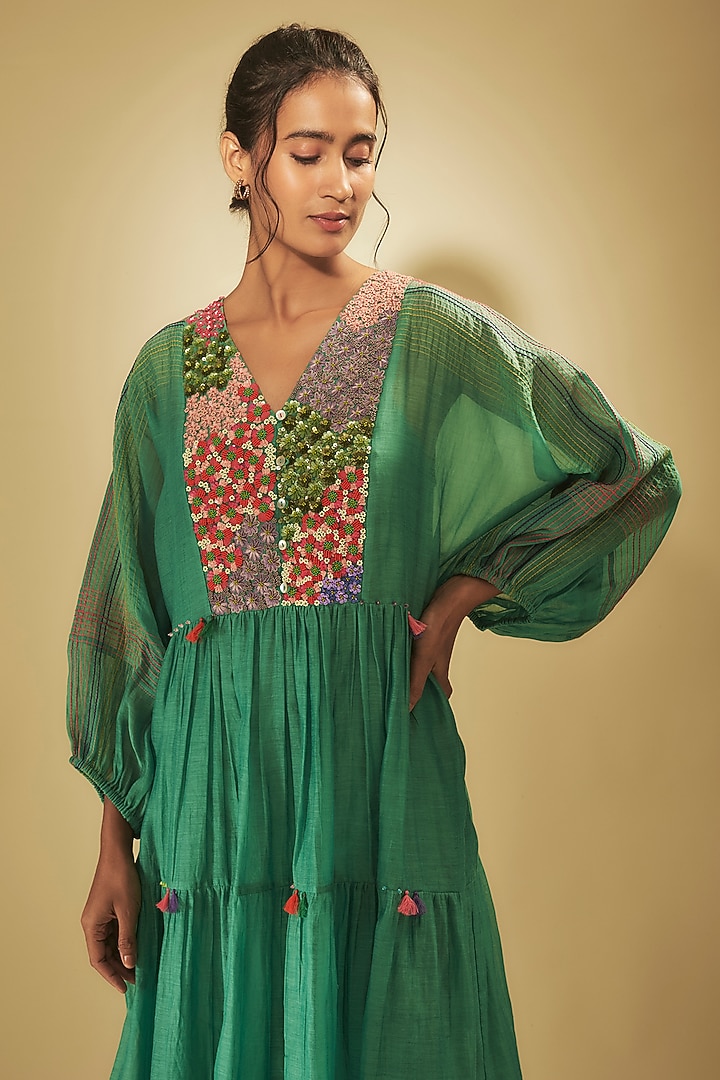 Blue Fine Chanderi Hand Embroidered Vacation Dress by Half Full Curve at Pernia's Pop Up Shop