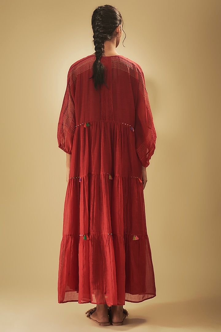 Red Fine Chanderi Hand Embroidered Vacation Dress by Half Full Curve at Pernia's Pop Up Shop