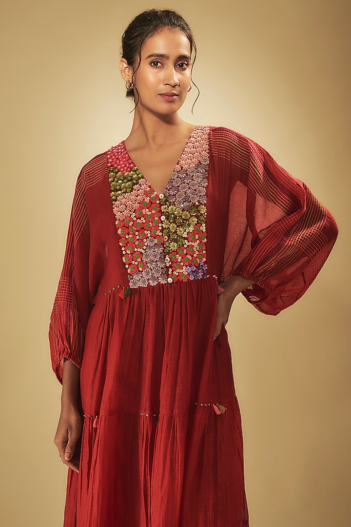 Red Fine Chanderi Hand Embroidered Vacation Dress by Half Full Curve at Pernia's Pop Up Shop