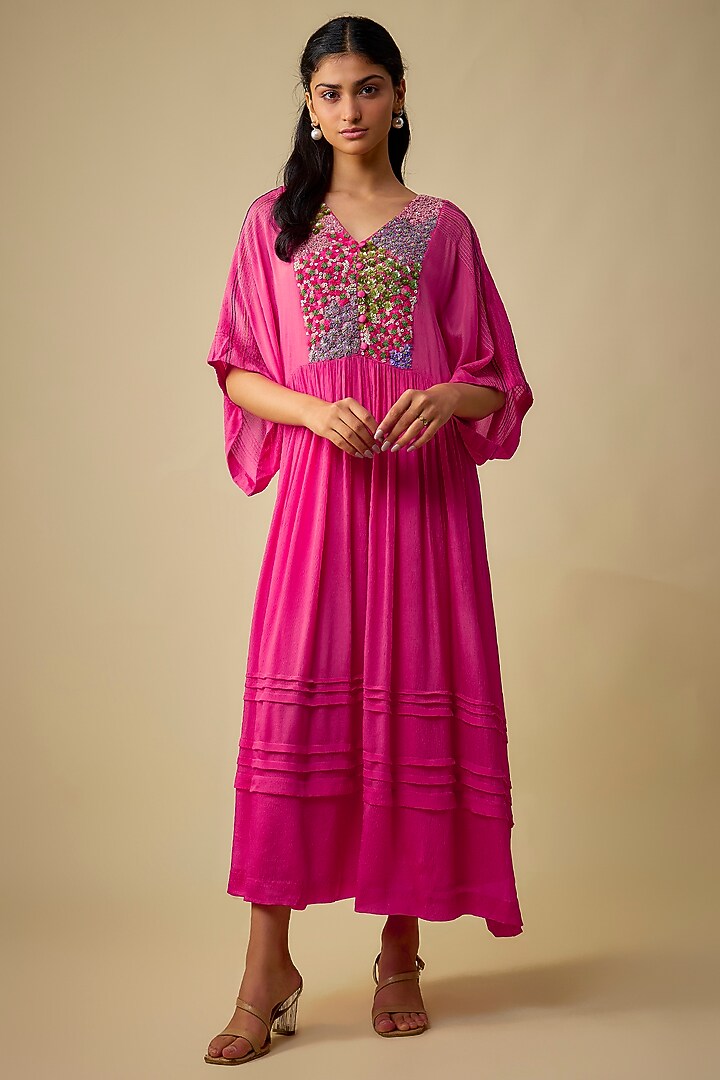 Pink Crepe Chiffon Floral Hand Embroidered Vacation Dress by Half Full Curve at Pernia's Pop Up Shop