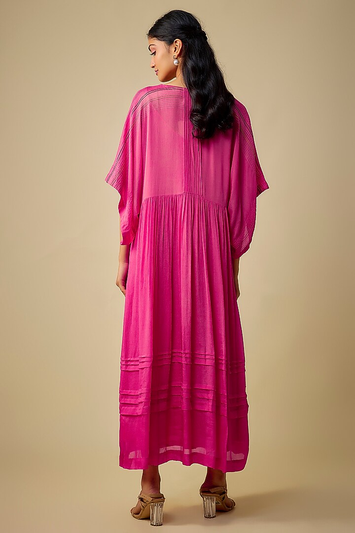 Pink Crepe Chiffon Floral Hand Embroidered Vacation Dress by Half Full Curve at Pernia's Pop Up Shop