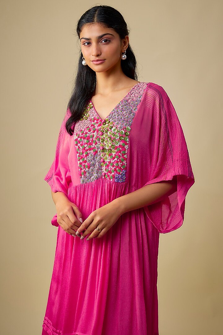Pink Crepe Chiffon Floral Hand Embroidered Vacation Dress by Half Full Curve at Pernia's Pop Up Shop