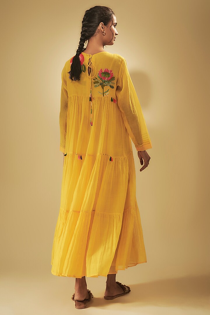 Yellow Fine Chanderi Hand Embroidered Vacation Dress by Half Full Curve at Pernia's Pop Up Shop