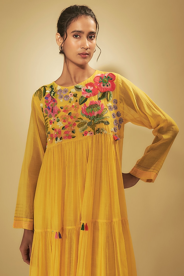 Yellow Fine Chanderi Hand Embroidered Vacation Dress by Half Full Curve at Pernia's Pop Up Shop