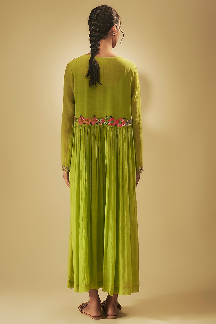 Green Fine Chanderi Hand Embroidered Flared Vacation Dress by Half Full Curve at Pernia's Pop Up Shop