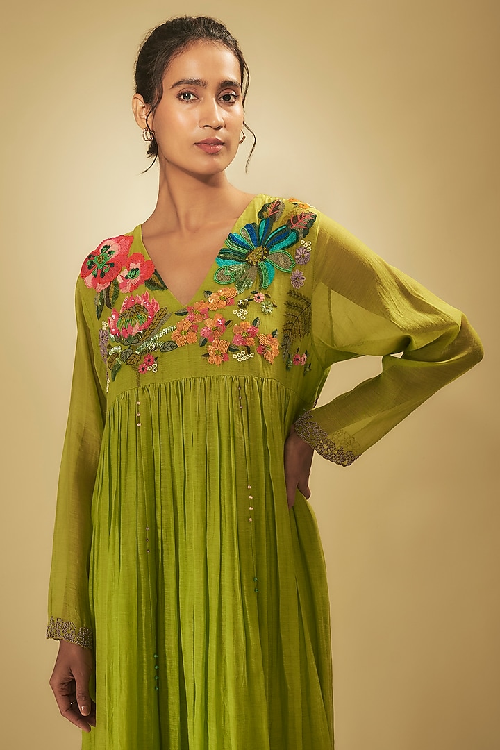 Green Fine Chanderi Hand Embroidered Flared Vacation Dress by Half Full Curve at Pernia's Pop Up Shop