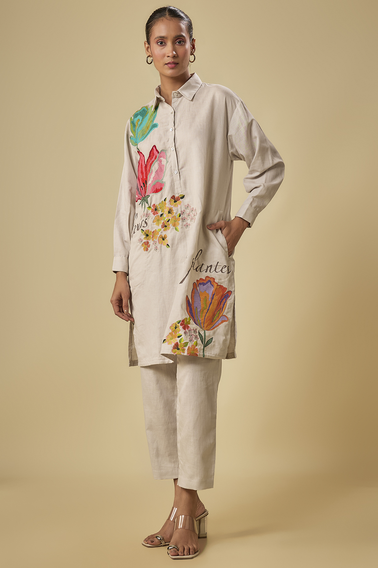 Beige Pure Linen Hand & Machine Embroidered Kurta Set by Half Full Curve at Pernia's Pop Up Shop