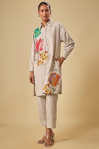 Beige Pure Linen Hand & Machine Embroidered Kurta Set by Half Full Curve