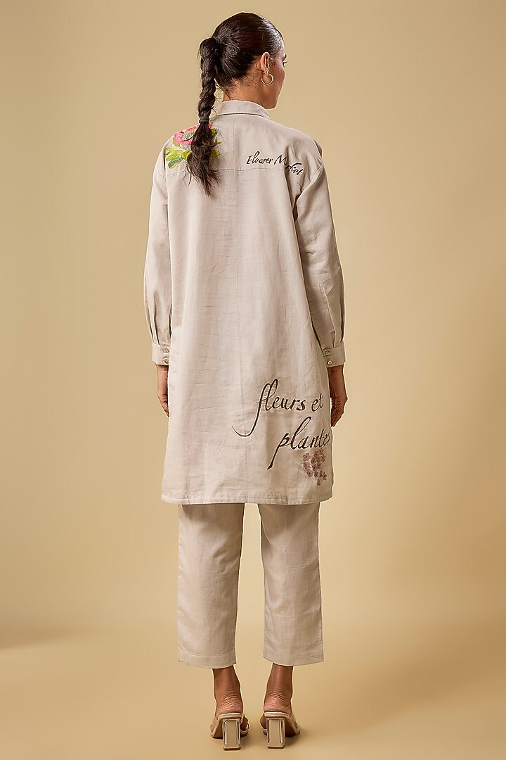 Beige Pure Linen Hand & Machine Embroidered Kurta Set by Half Full Curve at Pernia's Pop Up Shop
