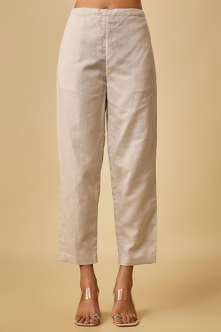 Beige Pure Linen Hand & Machine Embroidered Kurta Set by Half Full Curve at Pernia's Pop Up Shop