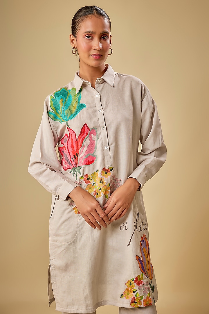 Beige Pure Linen Hand & Machine Embroidered Kurta Set by Half Full Curve at Pernia's Pop Up Shop