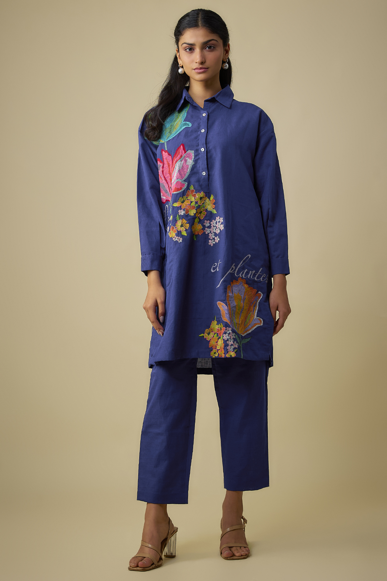 Blue Pure Linen Embroidered Kurta Set by Half Full Curve at Pernia's Pop Up Shop