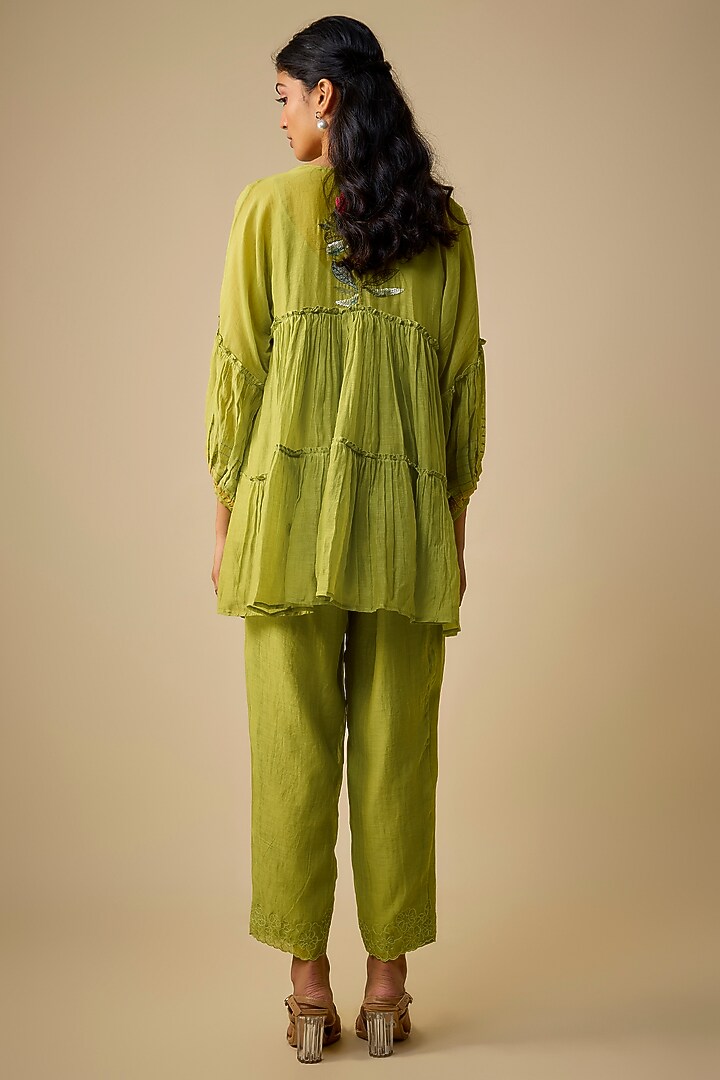 Green Fine Chanderi Floral Embroidered Co-Ord Set by Half Full Curve at Pernia's Pop Up Shop
