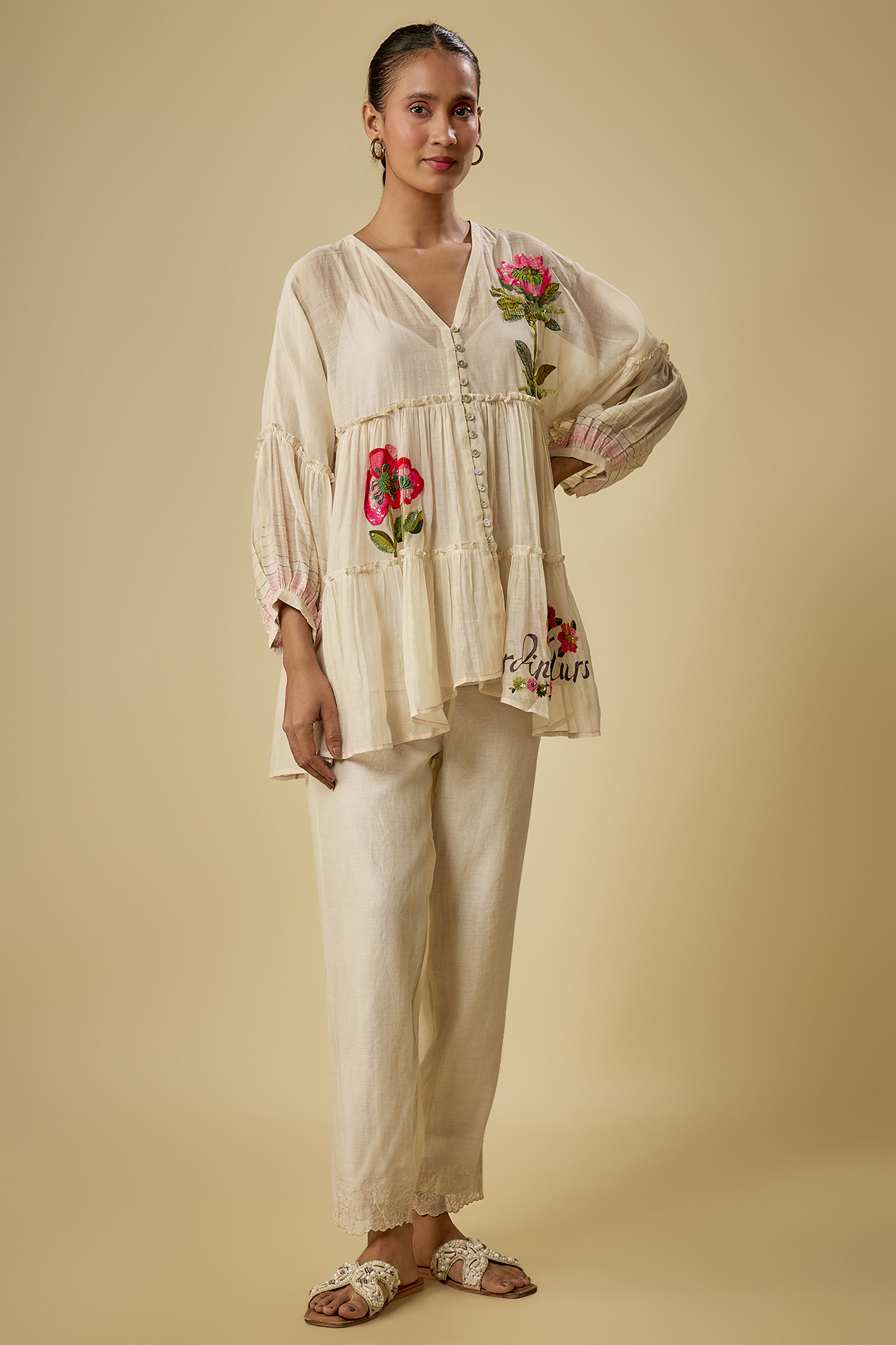 Ivory Fine Chanderi Hand Embroidered Co-Ord Set by Half Full Curve at Pernia's Pop Up Shop