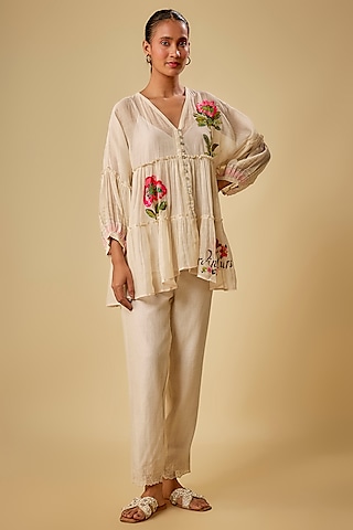 Ivory Fine Chanderi Hand Embroidered Co-Ord Set by Half Full Curve