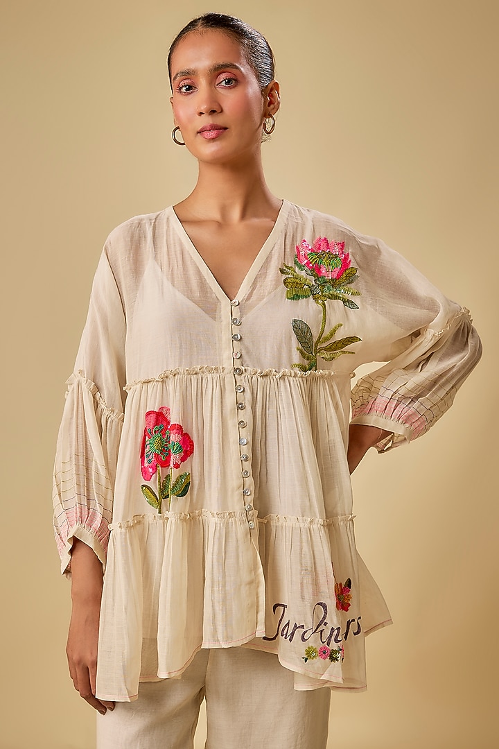 Ivory Fine Chanderi Hand Embroidered Co-Ord Set by Half Full Curve at Pernia's Pop Up Shop