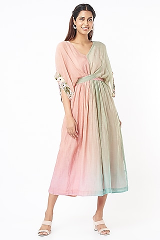 Blush Pink Floral Embroidered Midi Dress by Half Full Curve