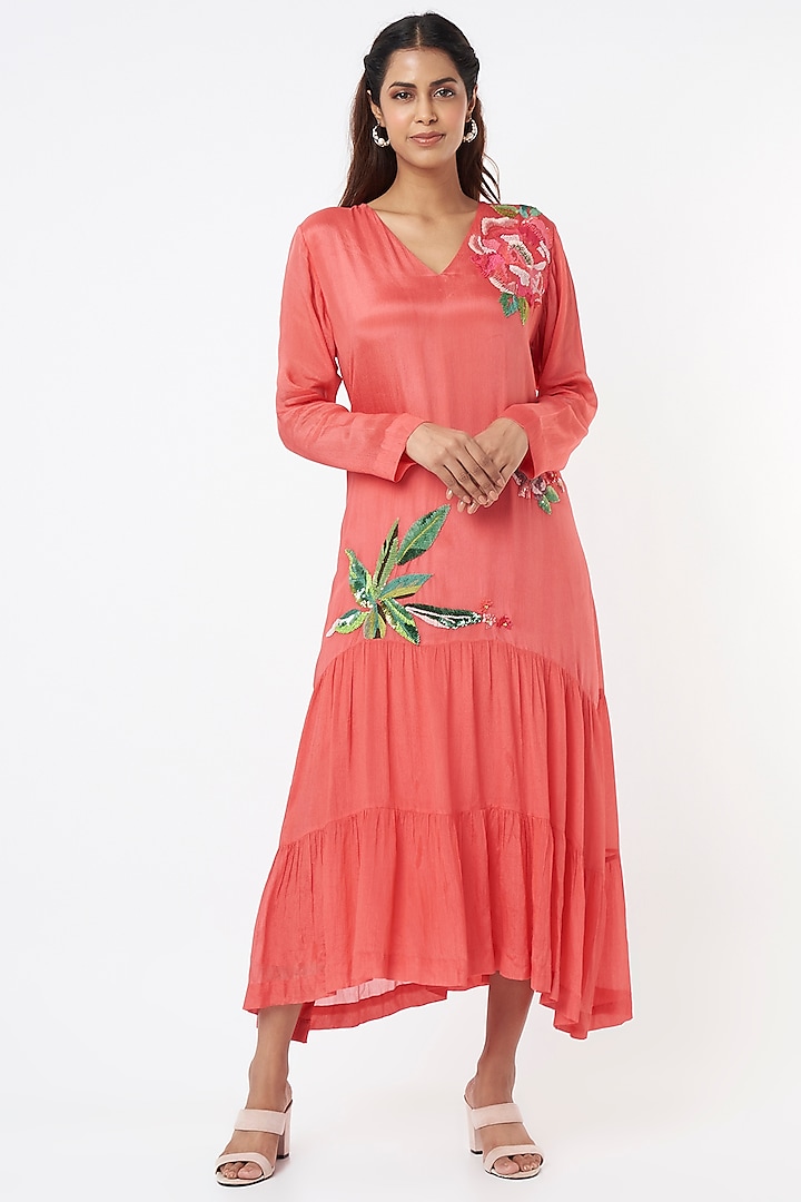 Pink Embroidered Flapper Midi Dress by Half Full Curve