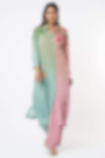 Mint Green & Pink Embroidered Kurta Set by Half Full Curve