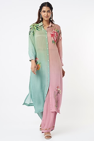 Mint Green & Pink Embroidered Kurta Set by Half Full Curve