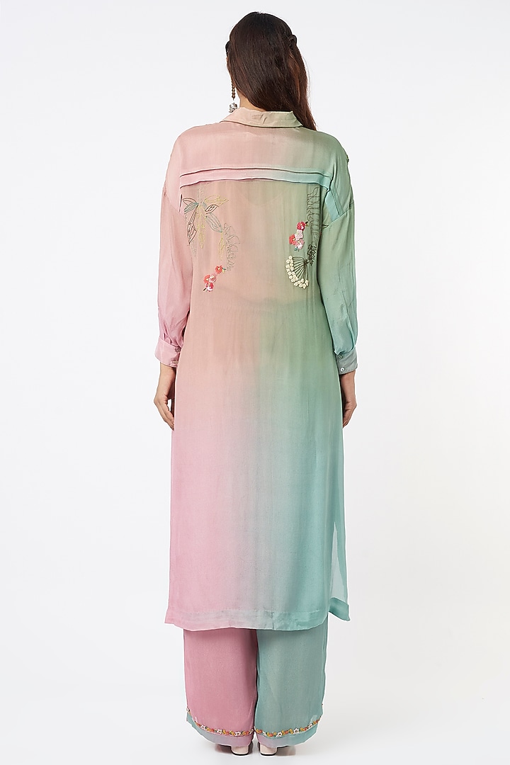 Mint Green & Pink Embroidered Kurta Set by Half Full Curve at Pernia's Pop Up Shop