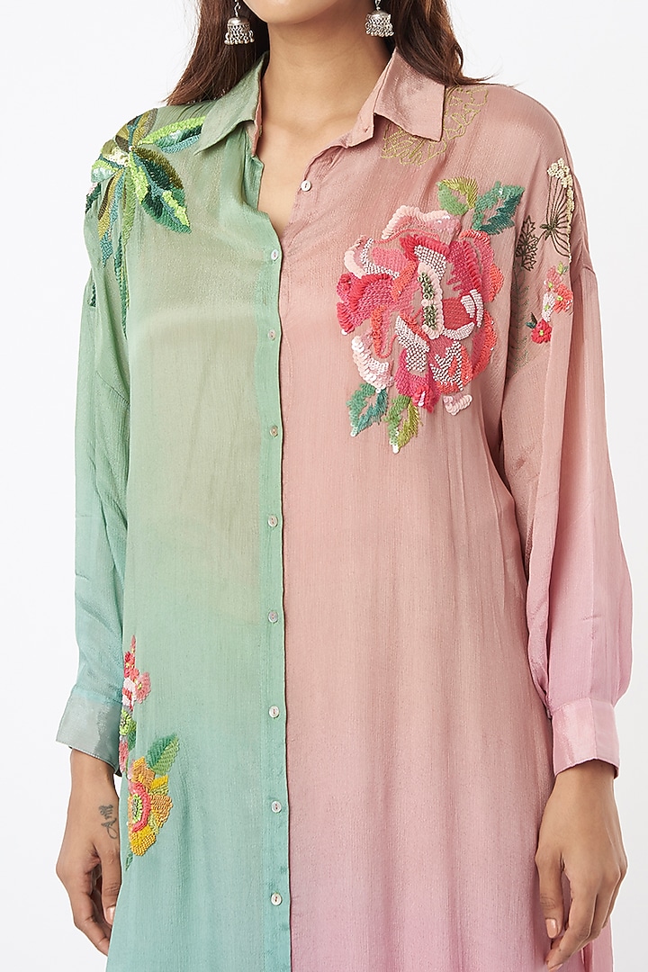 Mint Green & Pink Embroidered Kurta Set by Half Full Curve at Pernia's Pop Up Shop