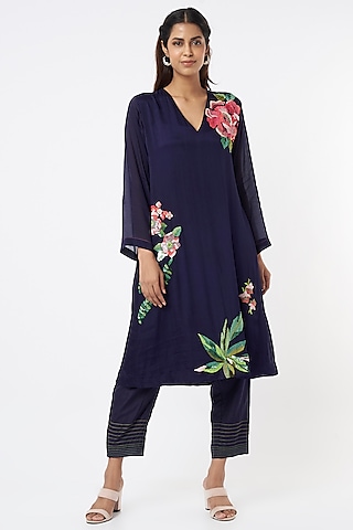 Dark Blue Embroidered Kurta Set by Half Full Curve