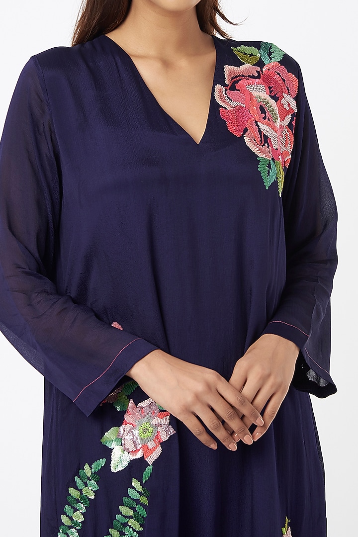 Dark Blue Embroidered Kurta Set by Half Full Curve at Pernia's Pop Up Shop