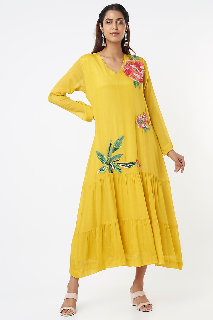 Yellow Floral Flapper Midi Dress by Half Full Curve at Pernia's Pop Up Shop