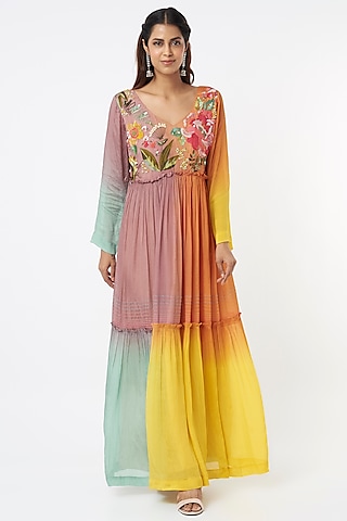 Multi-Colored Embroidered Maxi Dress by Half Full Curve