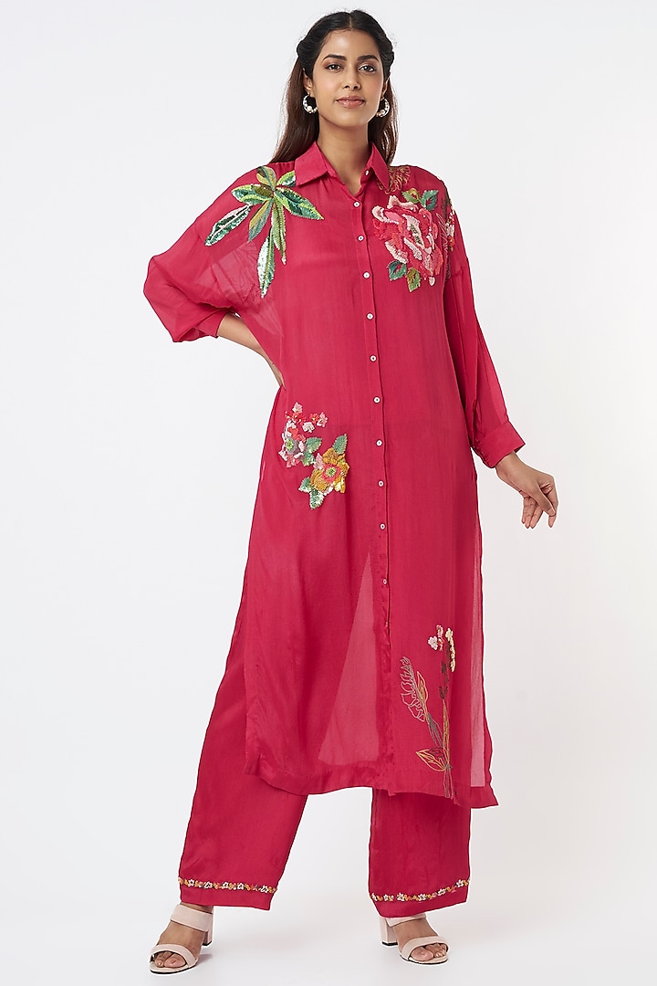 Pink Floral Embroidered Kurta Set by Half Full Curve