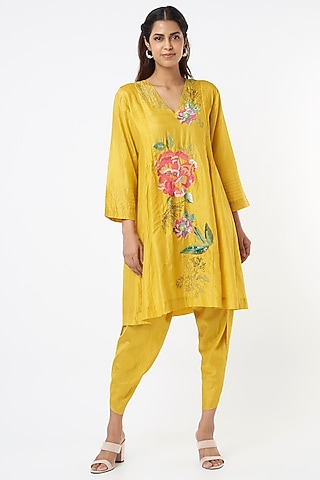 Yellow Embroidered Kurta Set by Half Full Curve