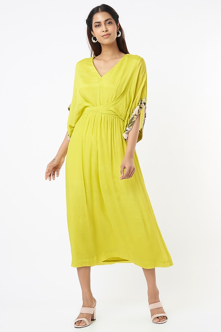 Lime Yellow Embroidered Midi Dress Design by Half Full Curve at Pernia ...