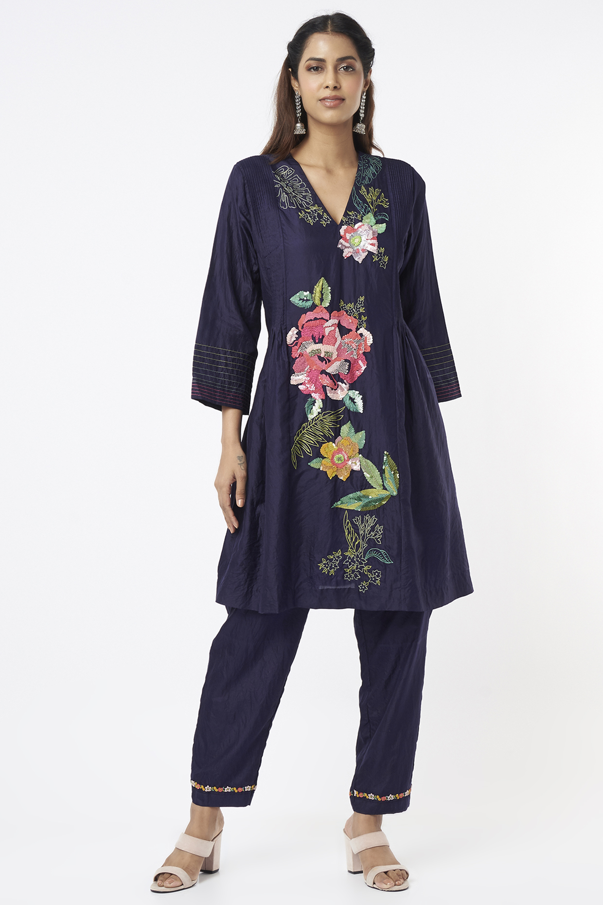 Dark Blue Pure Silk Kurta Set by Half Full Curve at Pernia's Pop Up Shop
