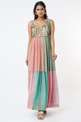 Blush Pink Floral Embroidered Maxi Dress by Half Full Curve