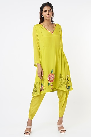 Yellow Floral Kurta Set by Half Full Curve