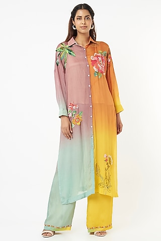 Multi-Colored Chiffon Crepe Kurta Set by Half Full Curve