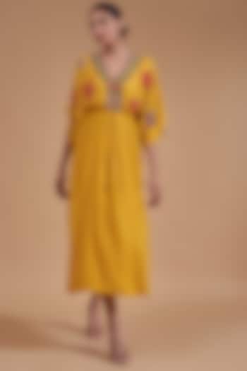 Yellow Crepe Chiffon Embroidered Vacation Dress by Half Full Curve at Pernia's Pop Up Shop