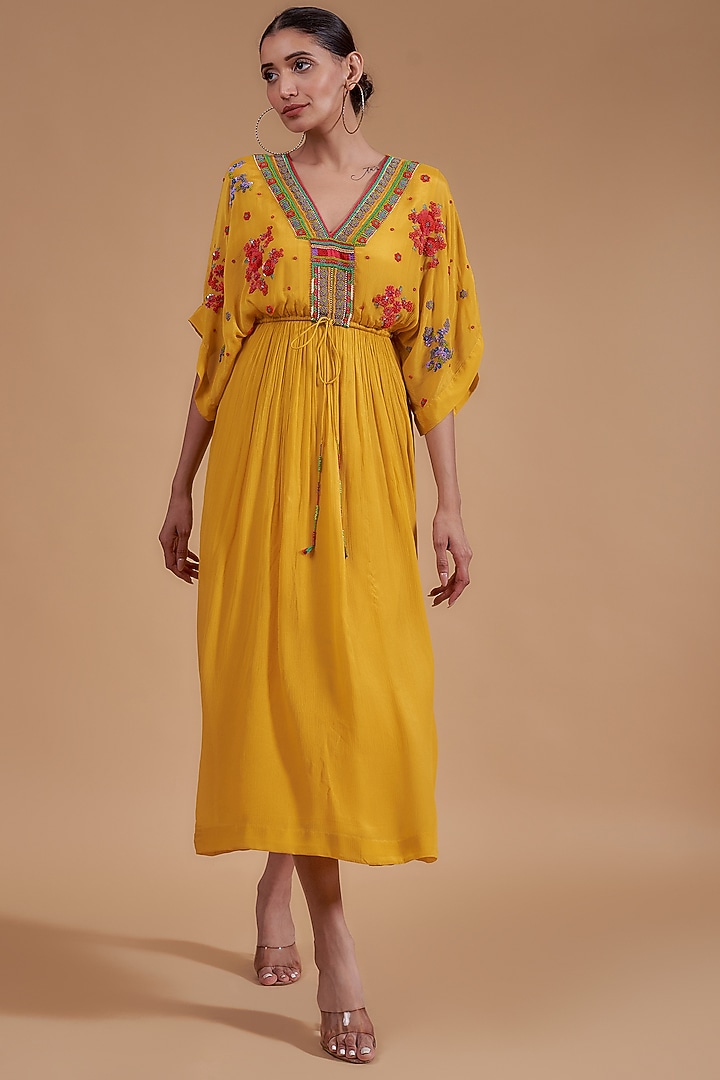 Yellow Crepe Chiffon Embroidered Vacation Dress by Half Full Curve at Pernia's Pop Up Shop