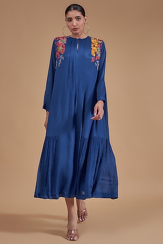 Blue Crepe Chiffon Embroidered Dress by Half Full Curve