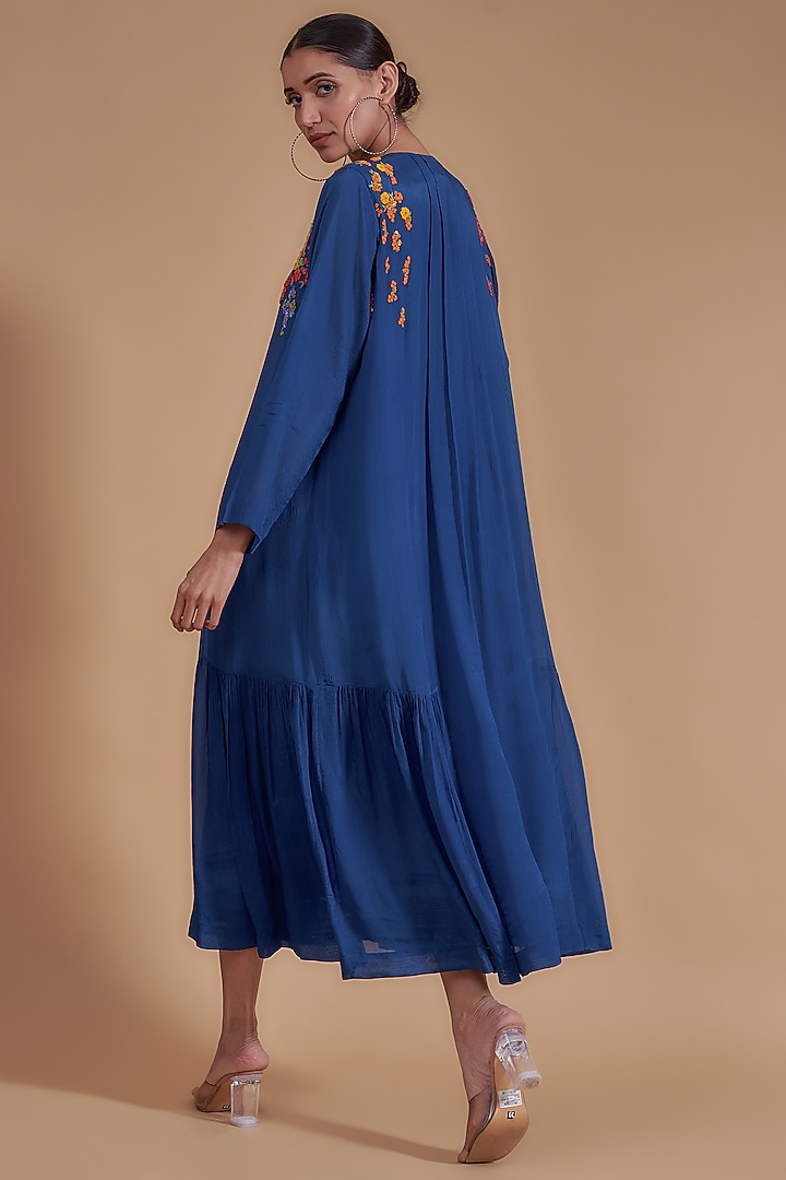 Blue Crepe Chiffon Embroidered Vacation Dress by Half Full Curve at Pernia's Pop Up Shop
