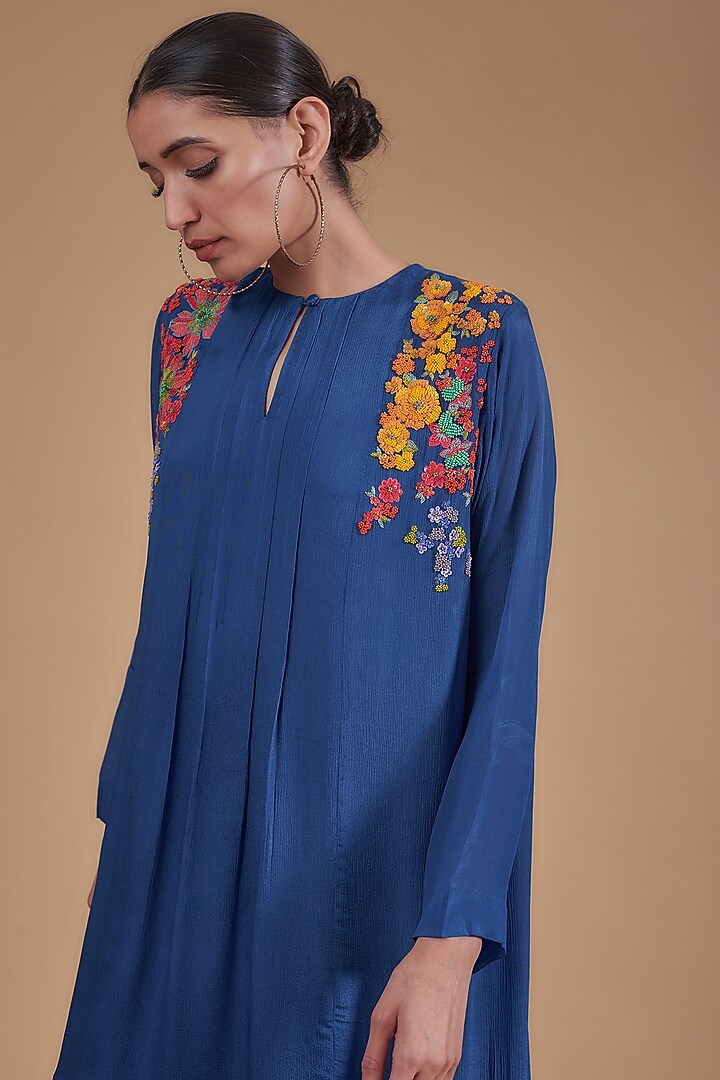 Blue Crepe Chiffon Embroidered Vacation Dress by Half Full Curve at Pernia's Pop Up Shop