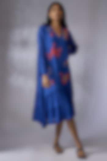 Blue Crepe Chiffon Hand Embroidered Dress by Half Full Curve