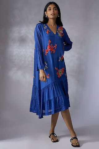 Blue Crepe Chiffon Hand Embroidered Dress by Half Full Curve