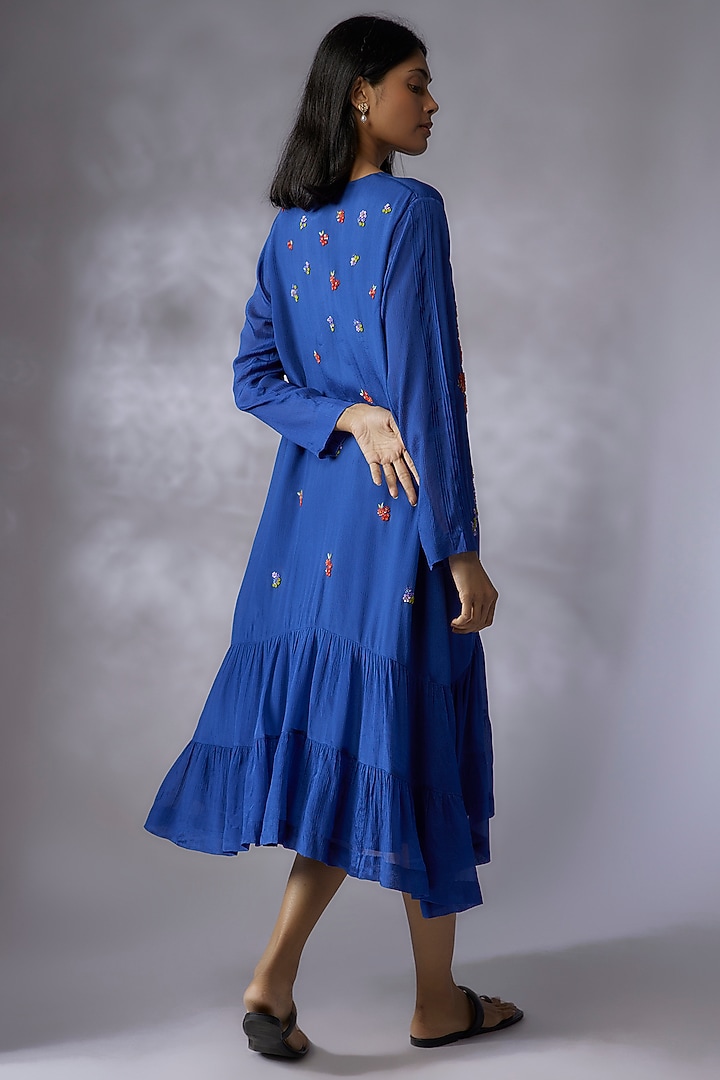 Blue Crepe Chiffon Hand Embroidered Vacation Dress by Half Full Curve at Pernia's Pop Up Shop