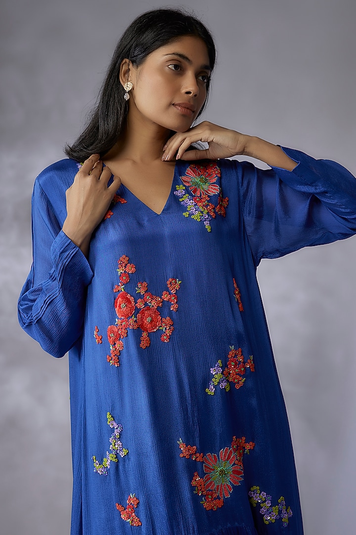 Blue Crepe Chiffon Hand Embroidered Vacation Dress by Half Full Curve at Pernia's Pop Up Shop