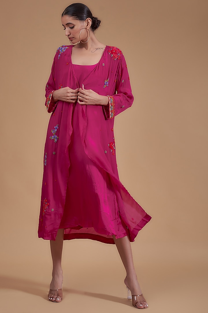 Pink Crepe Chiffon Embroidered Jacket Dress by Half Full Curve